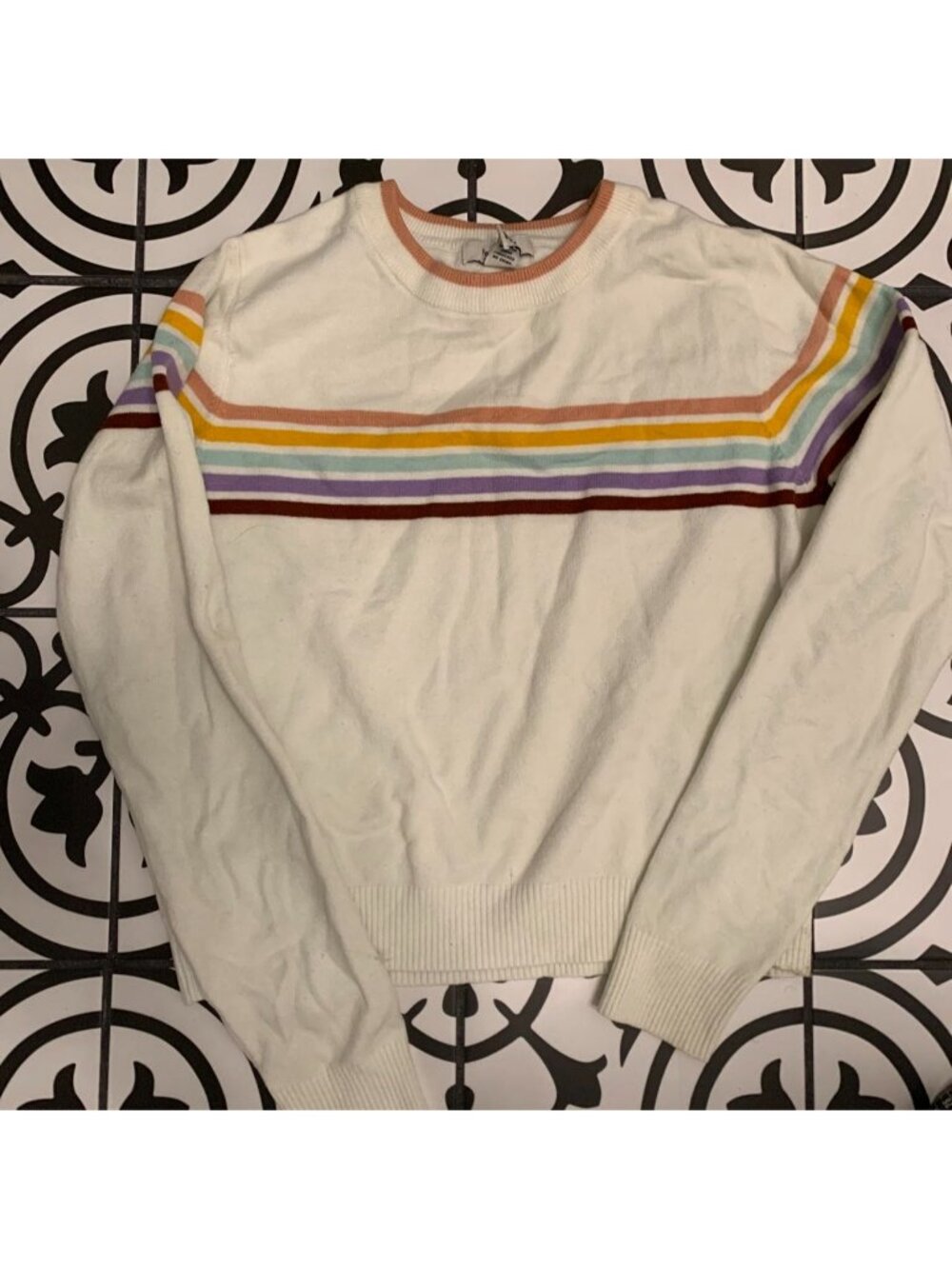 White sweater with horizontal rainbow stripes #rainbow #colorful